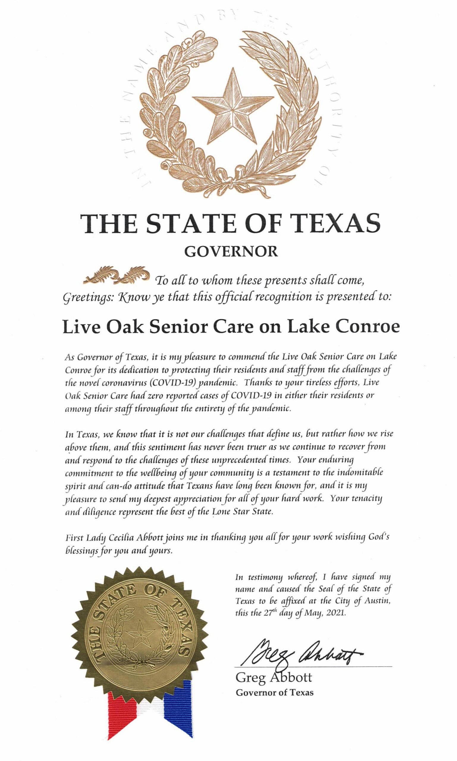 Texas Governor Abbott Commends Live Oak